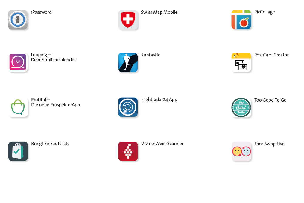 deutsch-password-looping-profital-bring-swiss-map-mobile-runtastic-flightradar24-vivino-pic-collage-postcard-too-good-to-go-face-swapp-live