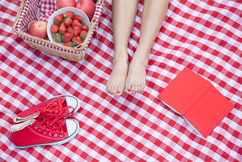 Eine Frau auf einer rot, weissen Picknick decke