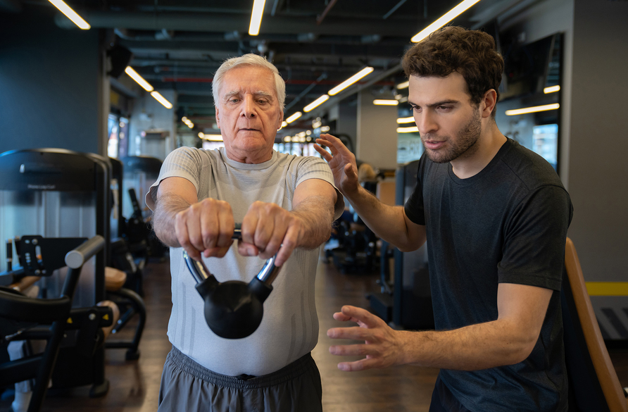 älterer Herr trainiert mit Kettlebell